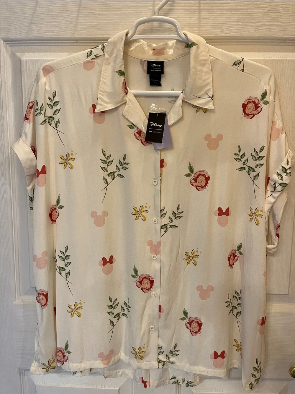 New with Tags Disney Cream Floral & Pink Mickey Motif Blouse